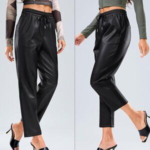 SANTINY Women's Faux Leather Pants High Waisted Straight Leg Cropped M
